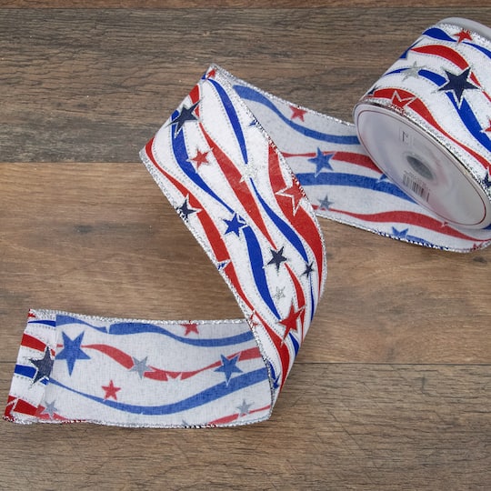 Red White & Blue Striped Swirl Wired Spring Craft Ribbon, 2.5" x 10yd.